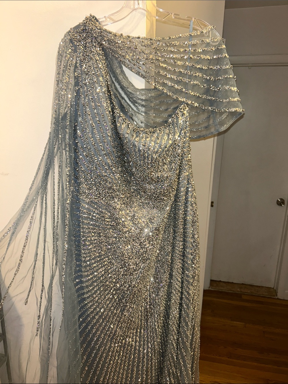 LARA 29051 Slate Blue One-Shoulder Sequin Gown with Draped Tulle - Picture 4 of 4